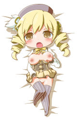Rule 34 | 10s, 1girl, bed, blonde hair, blush, grabbing another&#039;s breast, breasts, chibi, clothes lift, drill hair, gerotan, grabbing, hair ornament, hat, long hair, lying, mahou shoujo madoka magica, nipples, on back, open clothes, open mouth, pussy, skirt, skirt lift, solo, tears, thighhighs, tomoe mami, twin drills, uncensored, yellow eyes
