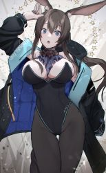 Rule 34 | 1girl, :o, alternate breast size, amiya (arknights), animal ear fluff, animal ears, arknights, arm up, ascot, bad id, bad pixiv id, bare shoulders, between breasts, black coat, black leotard, black pantyhose, blue eyes, breasts, brown hair, cleavage, clothes writing, coat, commentary request, fake animal ears, highleg, highleg leotard, highres, jewelry, large breasts, leg up, leotard, looking at viewer, looking back, off shoulder, open clothes, open coat, open mouth, pantyhose, playboy bunny, rabbit ears, ring, short hair with long locks, sidelocks, sleeves past wrists, solo, standing, standing on one leg, star (symbol), strapless, strapless leotard, thigh gap, wakahiko