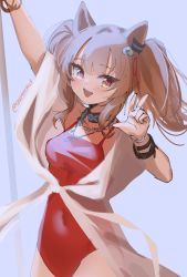 Rule 34 | 1girl, :d, angelina (arknights), angelina (summer flower) (arknights), animal ears, arknights, arm up, blush, bracelet, breasts, brown hair, casual one-piece swimsuit, collar, collarbone, covered navel, fox ears, grey background, holding, holding staff, infection monitor (arknights), jewelry, long hair, necklace, official alternate costume, one-piece swimsuit, open mouth, red eyes, red one-piece swimsuit, ring, see-through, sidelocks, simple background, skeptycally, small breasts, smile, solo, staff, swimsuit, swimsuit under clothes, twintails, upper body, w