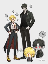 ! ... 1boy 1girl absurdres black_coat black_hair black_shirt blonde_hair closed_eyes closed_mouth coat collarbone collared_shirt cursive don_quixote_(project_moon) english_text grey_hair highres jacket kradebii limbus_company long_sleeves necktie pants project_moon red_eyes red_necktie scar scar_on_face scar_on_hand shirt short_hair simple_background smile speech_bubble spoken_ellipsis spoken_exclamation_mark striped_clothes striped_jacket twitter_username vergilius_(project_moon) white_background white_shirt yellow_eyes