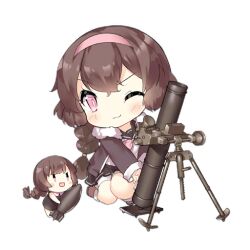 Rule 34 | 2girls, :3, :d, ammunition, artillery fairy (girls&#039; frontline), black sailor collar, black skirt, blush, blush stickers, bomb, bow, bowtie, braid, brown dress, brown footwear, brown hair, brown jacket, chibi, closed mouth, dress, explosive, fairy (girls&#039; frontline), full body, fur-trimmed jacket, fur trim, girls&#039; frontline, hairband, holding, holding bomb, jacket, kneeling, long hair, long sleeves, looking at viewer, mortar (weapon), mortar shell, multiple girls, official art, one eye closed, open mouth, pink bow, pink bowtie, pink eyes, pink hairband, sailor collar, saru, shirt, shorts, simple background, single braid, skirt, slit pupils, smile, third-party source, transparent background, v-shaped eyes, white shirt, white shorts, | |
