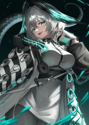 1girl :d absurdres aqua_nails arknights black_pantyhose blush breasts coat covered_navel cowboy_shot dress fingerless_gloves gloves green_eyes grey_hair head_wings highres ho&#039;olheyak_(arknights) large_breasts long_sleeves looking_at_viewer nail_polish open_clothes open_coat open_mouth pantyhose short_hair smile snake_tail solo tail tatty teeth underbust upper_teeth_only white_coat white_dress white_gloves wings