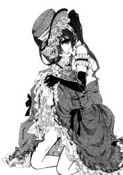 Rule 34 | 1boy, absurdres, black hair, chitose kana, ciel phantomhive, crossdressing, dress, flower, gloves, hair flower, hair ornament, hat, hat flower, highres, kuroshitsuji, long hair, looking at viewer, male focus, monochrome, ribbon, rose, solo, trap, twintails, wig