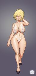 Rule 34 | 1girl, absurdres, areola slip, ass, bakugou mitsuki, bare shoulders, blonde hair, boku no hero academia, bra, breasts, cleavage, highres, large breasts, looking at viewer, mature female, nipples, panties, parted lips, red eyes, short hair, signature, smile, solo, spiked hair, standing, thick thighs, thighs, underwear, whargleblargle, wide hips