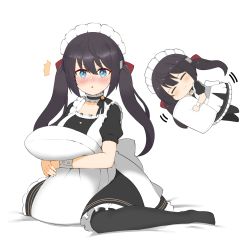 Rule 34 | 1girl, :o, ^^^, ^ ^, apron, azur lane, back bow, black dress, black hair, black legwear, blue eyes, blush, bow, breasts, cap105, chibi, chibi inset, closed eyes, closed mouth, collarbone, commentary request, dress, frilled hairband, frills, full body, glasgow (azur lane), hair between eyes, hair ribbon, hairband, highres, large breasts, long hair, looking at viewer, lying, maid, maid headdress, motion lines, hugging object, on side, pillow, pillow hug, puffy short sleeves, puffy sleeves, red ribbon, ribbon, short sleeves, sidelocks, simple background, sitting, smile, twintails, two-tone dress, wariza, white apron, white background, wrist cuffs