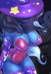 Rule 34 | 1girl, atryl, blue hair, breasts, female focus, gloves, hat, highres, my little pony, my little pony: friendship is magic, night, outdoors, smirk, solo, star (symbol), thighhighs, trixie lulamoon, watermark, witch hat