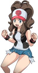 Rule 34 | 1girl, :d, absurdres, black vest, black wristband, blue shorts, clenched hands, commentary request, commission, creatures (company), exposed pocket, eyelashes, game freak, green eyes, hands up, happy, hat, high ponytail, highres, hilda (pokemon), looking at viewer, nintendo, oggy (oggyoggy), open clothes, open mouth, open vest, pixiv commission, pokemon, pokemon bw, shirt, short shorts, shorts, sidelocks, sleeveless, sleeveless shirt, smile, solo, teeth, transparent background, upper teeth only, vest, white hat