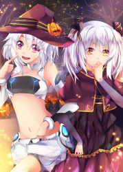 Rule 34 | 2girls, alpha (acerailgun), android, artist name, borrowed character, capelet, cecilia (acerailgun), covering own mouth, cowboy shot, detached sleeves, hair ribbon, halloween, hat, heterochromia, highres, jack-o&#039;-lantern, long sleeves, midriff, multiple girls, navel, original, pink eyes, ribbon, squchan, tree, twintails, white hair, witch, witch hat, yellow eyes