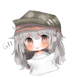 Rule 34 | 1girl, bad id, bad pixiv id, bare shoulders, blush, brown eyes, character name, chibi, cottontailtokki, drooling, frilled pillow, frills, g11 (girls&#039; frontline), girls&#039; frontline, green hat, hair between eyes, hat, holding, holding pillow, long hair, looking at viewer, lowres, mouth drool, off shoulder, parted lips, pillow, shirt, silver hair, simple background, solo, very long hair, white background, white shirt