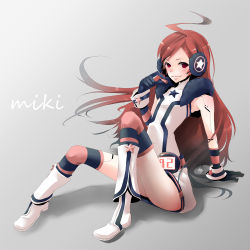 Rule 34 | 1girl, ahoge, android, belt, boots, dress, female focus, full body, gloves, gradient background, headphones, headset, joints, kneehighs, long hair, plastick, red eyes, red hair, robot joints, sf-a2 miki, smile, socks, solo, star (symbol), striped clothes, striped gloves, striped socks, striped thighhighs, thighhighs, vocaloid, wrist cuffs