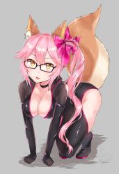 Rule 34 | 10s, 1girl, all fours, animal ears, breasts, cleavage, collarbone, commentary request, fate/extra, fate/grand order, fate (series), fox ears, fox tail, glasses, grey background, hair ribbon, hiyoko biimu, large breasts, long hair, pink hair, ribbon, side ponytail, simple background, solo, tail, koyanskaya (fate), tamamo (fate), tongue, yellow eyes