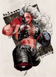 Rule 34 | 1girl, belt, black belt, black gloves, black pants, blood, blood on face, bracelet, breasts, cleavage, clenched hand, corset, dated, dorohedoro, earrings, closed eyes, gloves, grey hair, half mask, jewelry, kaitennsiki, large breasts, long hair, mask, midriff, missing limb, muscular, muscular female, navel piercing, noi (dorohedoro), open mouth, pants, piercing, single glove, smile, solo, veins