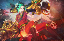 Rule 34 | 1girl, absurdres, alternate costume, alternate hair color, black hair, boots, breasts, cannon, china dress, chinese clothes, commentary, dandelion, dress, firecracker jinx, fireworks, flower, gatling gun, green eyes, green hair, gun, hair flower, hair ornament, hair ribbon, highres, huge weapon, jinx (league of legends), knee boots, league of legends, light smile, lipstick, long hair, looking at viewer, low twintails, makeup, minigun, monori rogue, multicolored hair, red dress, red thighhighs, ribbon, sky, small breasts, solo, star (sky), starry sky, tattoo, thighhighs, twintails, two-tone hair, very long hair, weapon