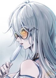 Rule 34 | 1girl, absurdres, arknights, bare shoulders, eating, eyebrows hidden by hair, food, grey hair, highres, holding, holding food, long hair, looking at viewer, looking back, popsicle, shantianajiang, skadi (arknights), skadi (waverider) (arknights), solo, sunglasses, tongue, tongue out, upper body