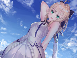 Rule 34 | 1girl, :d, absurdres, ahoge, aqua eyes, arm behind back, arm up, armpits, artoria pendragon (all), artoria pendragon (fate), bare arms, bare shoulders, black bow, blonde hair, blue sky, bow, caliburn (fate), cloud, day, dress, dutch angle, fate/grand order, fate (series), glint, hair bow, highres, holding, holding sword, holding weapon, long hair, looking at viewer, muragaki (sgxx4878), open mouth, outdoors, round teeth, saber lily, sidelocks, sky, sleeveless, sleeveless dress, smile, solo, sword, teeth, upper body, weapon, white dress