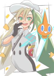 Rule 34 | 1girl, absurdres, asymmetrical gloves, black gloves, brown hair, cane, collared shirt, creatures (company), dress, electric miku (project voltage), eyelashes, game freak, gen 4 pokemon, gloves, green eyes, green hair, grey dress, grey jumpsuit, hair between eyes, hat, hatsune miku, highres, jumpsuit, kotomine hisui, long hair, looking at viewer, multicolored hair, nintendo, open mouth, pokemon, project voltage, red gloves, rotom, rotom (normal), shirt, split-color hair, teeth, twintails, upper teeth only, very long hair, vocaloid, white background, white headwear