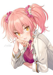 Rule 34 | 1girl, absurdres, almic, bad id, bad pixiv id, breasts, earrings, from side, glint, hair ornament, hair scrunchie, hand on own cheek, hand on own face, highres, idolmaster, idolmaster cinderella girls, jacket, jewelry, jougasaki mika, long hair, long sleeves, looking at viewer, looking to the side, multicolored nails, nail polish, open clothes, open jacket, orange eyes, parted lips, pink hair, pink lips, purple sweater, scrunchie, sidelocks, signature, simple background, small breasts, solo, star (symbol), sweater, twintails, upper body, white background, white jacket