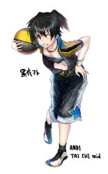 Rule 34 | 10s, 1girl, ball, basketball, basketball (object), black hair, black rock shooter, blue eyes, grin, hand on own hip, hip focus, jacket, kuroi mato, navel, one eye closed, open clothes, open jacket, shoes, short twintails, shorts, smile, sneakers, solo, strapless, sweatband, tobimaru, tube top, twintails, wink