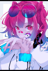 Rule 34 | 1girl, absurdres, bandaid, bandaid on face, eyewear on head, goma irasuto, highres, jewelry, long hair, looking at viewer, original, pink eyes, pink hair, pink theme, purple nails, red eyes, signature, solo, sticker, sticker on face, sunglasses