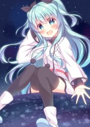 Rule 34 | 1girl, :d, arm up, blue eyes, blue hair, blush, boots, brown ribbon, brown thighhighs, commentary request, dress, hair between eyes, hair ribbon, head tilt, highres, kyado (amaterasu), long hair, long sleeves, looking at viewer, night, night sky, noel (sora no method), open mouth, pom pom (clothes), ribbon, shoe soles, sky, smile, solo, sora no method, star (sky), starry sky, thighhighs, two side up, very long hair, white dress, white footwear, wide sleeves