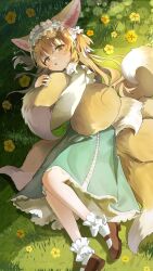 1girl absurdres animal_ear_fluff animal_ears arknights blonde_hair blush flower fox_ears fox_girl fox_tail frilled_hairband frills full_body grass green_skirt hair_ornament hairband highres kitsune long_hair long_sleeves multicolored_hair multiple_tails official_alternate_costume on_ground parted_lips shirt skirt solo suzuran_(arknights) suzuran_(spring_praise)_(arknights) tail umou_(umouawa) white_hair white_shirt yellow_eyes yellow_flower