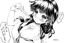Rule 34 | 10s, 1girl, blush, breasts, cleavage, clothes pull, female focus, greyscale, holding, kantai collection, large breasts, long hair, looking at viewer, monochrome, revision, sakimori dan, school uniform, serafuku, shirt pull, smile, solo, text focus, thermometer, translation request, twitter username, ushio (kancolle)