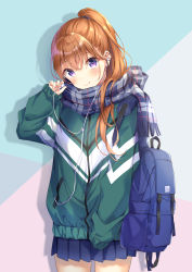Rule 34 | 1girl, backpack, bad id, bad pixiv id, bag, blue scarf, blue skirt, blush, closed mouth, commentary request, cowboy shot, earphones, green jacket, hand up, head tilt, higeneko, jacket, long hair, long sleeves, looking at viewer, miniskirt, orange hair, original, plaid, plaid scarf, pleated skirt, ponytail, purple eyes, revision, scarf, shadow, single earphone removed, skirt, sleeves past fingers, sleeves past wrists, smile, solo, standing