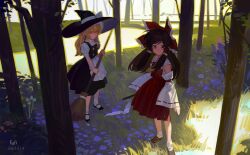 Rule 34 | 2girls, apron, ascot, black footwear, black hair, black headwear, black skirt, black vest, blonde hair, bow, broom, brown eyes, brown footwear, closed mouth, commentary, dated, detached sleeves, gohei, hair bow, hair tubes, hakurei reimu, hat, hat bow, highres, holding, holding broom, holding gohei, japanese clothes, kirisame marisa, kofi-mo, long hair, multiple girls, nontraditional miko, red bow, ribbon-trimmed sleeves, ribbon trim, shirt, shoes, short sleeves, sidelocks, signature, skirt, socks, symbol-only commentary, touhou, tree, vest, waist apron, white apron, white bow, white shirt, white sleeves, white socks, wide sleeves, witch hat, yellow ascot, yellow eyes