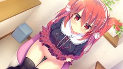 Rule 34 | 1girl, black jacket, black panties, black thighhighs, blush, breasts, brown eyes, censored, closed mouth, clothes lift, dot mouth, dutch angle, flower, flower pot, game cg, hair ornament, hairband, hairclip, highres, indoors, jacket, lifting own clothes, long hair, looking at viewer, medium breasts, mitsumomo mamu, mosaic censoring, ojou-sama to aware na (ko) shitsuji, panties, panty pull, pee, peeing, plaid, plaid skirt, pussy, red hair, red skirt, school uniform, sitting, skirt, skirt lift, solo, surprised, thighhighs, todoroki karin, toilet, toilet seat, toilet use, trash can, twintails, underwear