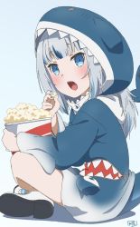 Rule 34 | 1girl, artist name, blue background, blue dress, blue eyes, blue hair, blue nails, blunt bangs, bucket, commentary, dress, eating, fins, fish tail, food, from side, gawr gura, highres, holding, holding food, hololive, hololive english, hood, hood up, long hair, long hoodie, long sleeves, looking at viewer, matatabeat, multicolored hair, nail polish, open mouth, popcorn, print dress, shadow, shark print, sharp teeth, shoes, signature, silver hair, sitting, solo, streaked hair, tail, teeth, virtual youtuber, white footwear