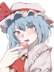 Rule 34 | 1girl, ascot, bat ornament, blue hair, blush, brooch, collared shirt, commentary request, fang, food, frilled hat, frilled shirt collar, frills, hair between eyes, hand up, hat, hat ribbon, highres, holding, holding food, jewelry, long hair, looking at viewer, macaron, mob cap, open mouth, pastry, pointy ears, preroprot, puffy sleeves, red ascot, red eyes, red ribbon, remilia scarlet, ribbon, shirt, short sleeves, simple background, solo, touhou, upper body, white background, white hat, white shirt