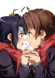 Rule 34 | 1boy, 1girl, absurdres, ahoge, blush, brown hair, chuunibyou demo koi ga shitai!, commentary request, couple, eyepatch, unworn eyepatch, from side, green eyes, hair ribbon, heart, heart ahoge, highres, long sleeves, looking at another, mogege gk, noses touching, one side up, red scarf, ribbon, scarf, short hair, simple background, takanashi rikka, togashi yuuta, white background, yellow eyes, yellow ribbon