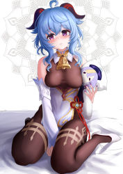 Rule 34 | 1girl, absurdres, ahoge, b-pang, bare shoulders, bell, black bodysuit, black legwear, blue hair, blush, bodystocking, bodysuit, breasts, chinese knot, commentary, covered navel, detached sleeves, flower knot, full body, ganyu (genshin impact), genshin impact, gold trim, highres, horns, looking at viewer, looking to the side, medium breasts, nail polish, neck bell, no gloves, pillow, purple eyes, purple nails, qiqi (genshin impact), red rope, rope, seiza, sidelocks, sitting, tassel, thighlet, vision (genshin impact), white sleeves