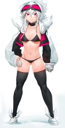 Rule 34 | 1girl, absurdres, alternate costume, bandaged hand, bandages, bikini, black bikini, black thighhighs, breasts, choker, closed mouth, covered erect nipples, cropped jacket, full body, gluteal fold, goggles, goggles on head, hair between eyes, hand on own hip, highres, jacket, long sleeves, looking at viewer, medium breasts, medium hair, navel, niwamaru (niwarhythm), niwarhythm, open clothes, open jacket, original, red eyes, simple background, smile, solo, standing, swimsuit, thighhighs, white background, white hair