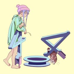 Rule 34 | 1girl, 404, absurdres, barefoot, blue hair, cat, closed mouth, commentary request, from side, green hoodie, highres, hood, hoodie, http status code, leaning on object, original, profile, purple headwear, short hair with long locks, sidelocks, simple background, solo, wtn (dfrt3423), yellow background