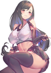 Rule 34 | 1girl, ass, bare shoulders, black gloves, black hair, black skirt, black thighhighs, breasts, cleavage, covered erect nipples, crop top, elbow gloves, final fantasy, final fantasy vii, final fantasy vii remake, gloves, grin, large breasts, long hair, looking at viewer, midriff, miniskirt, navel, pleated skirt, red eyes, shirt, simple background, skirt, sleeveless, sleeveless shirt, smile, solo, taut clothes, taut shirt, thighhighs, tifa lockhart, very long hair, white background, white shirt, yoshimoto (dear life)