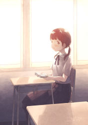 Rule 34 | 1girl, backlighting, blush, book, brown eyes, brown hair, chair, dated, desk, highres, holding, holding book, looking at viewer, open book, original, parted lips, pochi (poti1990), short hair, short twintails, signature, sitting, solo, twintails, uniform