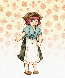 Rule 34 | 1other, :t, adapted costume, androgynous, apron, blue kimono, blue sleeves, brown footwear, brown headwear, chikafumikou, closed mouth, commentary request, detached sleeves, frilled apron, frills, full body, green skirt, haniwa (statue), helmet, highres, japanese clothes, katano sukune, kimono, len&#039;en, other focus, plump, red eyes, red hair, short hair, skirt, slippers, solo, waist apron, white apron