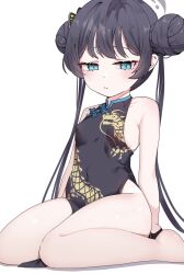 Rule 34 | 1girl, black hair, blue archive, blue eyes, breasts, china dress, chinese clothes, closed mouth, covered erect nipples, covered navel, double bun, dragon print, dress, ears, expressionless, freehoney, hair bun, halo, highres, jitome, kisaki (blue archive), long hair, looking at viewer, nose, print dress, seiza, simple background, sitting, sleeveless, sleeveless dress, small breasts, solo, thighs, twintails, white background