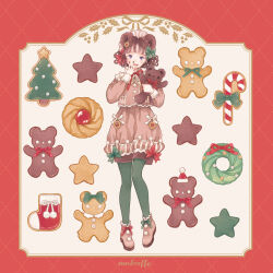Rule 34 | 1girl, animal ears, artist name, bear ears, border, bow, bow legwear, bowtie, brown hair, brown shirt, brown shorts, buttons, candy, candy cane, christmas, christmas stocking, christmas tree, cookie, covering own mouth, food, footwear bow, frills, full body, gift, green bow, green pantyhose, green ribbon, green socks, hair bow, hair ornament, hand to own mouth, hat, highres, holding, holding stuffed toy, long sleeves, looking at viewer, merry christmas, mokaffe, nail polish, original, pantyhose, pom pom (clothes), puffy sleeves, purple eyes, red border, red bow, red nails, red ribbon, ribbon, shirt, shoes, short hair, shorts, signature, smile, socks, solo, star (symbol), stuffed animal, stuffed toy, teddy bear, wreath