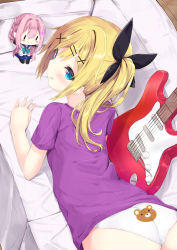 Rule 34 | 1girl, :q, animal print, ass, back-print panties, bear panties, bear print, black ribbon, blonde hair, blue eyes, blush, character doll, closed mouth, commentary request, couch, electric guitar, from above, guitar, hair ornament, hair ribbon, hairclip, highres, indoors, instrument, kouda suzu, long hair, lying, nukui hayu, ochikobore fruit tart, on couch, on stomach, panties, pink hair, print panties, purple skirt, ribbon, sakura ino, short sleeves, side ponytail, skirt, smile, solo, tongue, tongue out, underwear, wedgie, white panties, x hair ornament