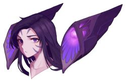 Rule 34 | 1girl, closed mouth, collarbone, facial mark, floating, floating object, floating weapon, forehead mark, kai&#039;sa, league of legends, looking at viewer, purple eyes, purple hair, simple background, solo, suk180, upper body, weapon, whisker markings, white background
