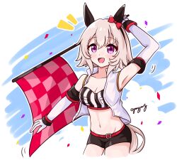 Rule 34 | 1girl, :d, absurdres, adapted costume, animal ears, arm up, armpits, bare shoulders, belt, belt buckle, black hairband, black shorts, blush, bow, breasts, buckle, checkered flag, cleavage, collarbone, confetti, cropped legs, curren chan (umamusume), ear bow, elbow gloves, flag, gloves, goom (goomyparty), groin, hair between eyes, hairband, highres, holding, holding flag, horse ears, horse girl, horse tail, light brown hair, medium breasts, navel, open clothes, open mouth, open vest, purple eyes, red belt, red bow, short shorts, shorts, smile, solo, tail, umamusume, vest, white gloves, white vest