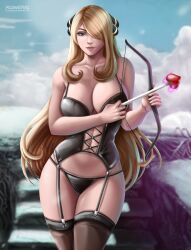 Rule 34 | 1girl, absurdres, alternate breast size, alternate costume, arrow (projectile), blonde hair, blue eyes, breasts, cleavage, creatures (company), cupid&#039;s arrow, cynthia (pokemon), deviantart, female focus, flowerxl, game freak, hair over one eye, half-closed eyes, heart, heart arrow, highres, large breasts, looking at viewer, nintendo, panties, pokemon, pokemon dppt, thick thighs, thighhighs, thighs, underwear, upper body, watermark, web address, wide hips