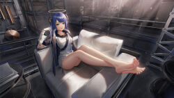 Rule 34 | 1girl, absurdres, ahoge, aqua eyes, arknights, arm support, bandana, bandana around neck, bare legs, barefoot, belt, black bandana, black belt, black horns, black jacket, blue hair, book, box, breasts, buckle, buttoned cuffs, buttons, cardboard box, collarbone, couch, crossed legs, dark halo, demon horns, double vertical stripe, eyelashes, fallen angel, feet, foreshortening, from side, full body, fur-trimmed jacket, fur trim, gloves, grey halo, hair flowing over, halo, hand in own hair, hand up, highres, horns, indoors, jacket, layered sleeves, legs, light particles, light rays, lips, long hair, long sleeves, looking at viewer, looking to the side, medium breasts, mostima (arknights), on couch, open clothes, open jacket, open mouth, presenting, presenting foot, railing, round table, shadow, shiny skin, shirt, shoulder belt, sidelighting, sitting, sitting sideways, sleeve cuffs, smile, snap-fit buckle, soles, solo, spread toes, straight hair, striped clothes, striped jacket, striped shirt, sunbeam, sunlight, swept bangs, table, teeth, thighs, toenails, toes, tongue, upper teeth only, vertical-striped clothes, vertical-striped jacket, vertical-striped shirt, vertical-striped sleeves, very long hair, wa (user snch2757), white gloves, white shirt, wide sleeves