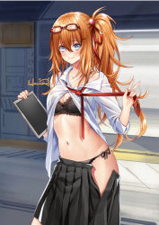 Rule 34 | 1girl, black bra, black panties, black skirt, blue eyes, blush, bow, bow bra, bra, breasts, brown hair, cleavage, closed mouth, clothes pull, collarbone, collared shirt, commentary request, eyewear on head, female focus, girls&#039; frontline, glasses, hair between eyes, hair ornament, hair ribbon, haneru, heart, heart-shaped pupils, highres, holding, kalina (girls&#039; frontline), lace, lace-trimmed bra, lace trim, long hair, long sleeves, medium breasts, navel, necktie, open clothes, open shirt, open skirt, panties, pleated skirt, red-framed eyewear, red necktie, red ribbon, ribbon, see-through, shirt, side-tie panties, signature, skirt, skirt pull, smile, solo, standing, symbol-shaped pupils, tablet pc, underwear, v, very long hair, white shirt