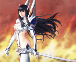 Rule 34 | 1girl, azasuke, black hair, blue eyes, breasts, cleavage, closed mouth, commentary, cowboy shot, english commentary, fiery background, fire, floating hair, from side, holding, holding sword, holding weapon, katana, kill la kill, kiryuuin satsuki, large breasts, long hair, looking at viewer, looking to the side, navel, revealing clothes, scabbard, sheath, sheathed, solo, standing, suspenders, sword, thighhighs, walking, weapon, white thighhighs