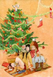 Rule 34 | 2girls, angel, angel wings, beanie, bell, black hair, blonde hair, boots, bow, box, braid, brown eyes, brown footwear, candy, candy cane, christmas, christmas ornaments, christmas stocking, christmas tree, closed eyes, coat, cross-laced footwear, denim, dirty, dirty clothes, doll, earmuffs, food, fur-trimmed boots, fur trim, gift, gift box, gingerbread man, hair over shoulder, hat, head on another&#039;s shoulder, highres, holding hands, honoka (artist), jeans, knee up, knees up, lace-up boots, locked arms, long hair, looking at another, miniskirt, multiple girls, no socks, on floor, one eye closed, orange background, original, painting (medium), pants, plaid, plaid skirt, pom pom (clothes), red scarf, rug, scarf, side-by-side, single braid, sitting, skirt, sleeping, snowman, star (symbol), striped clothes, striped scarf, tinsel, traditional media, watercolor (medium), wings, winter clothes