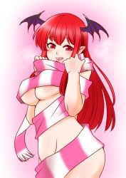 Rule 34 | 1girl, blush, breasts, grin, head wings, highres, koakuma, large breasts, long hair, looking at viewer, naked scarf, pink background, pink scarf, pointy ears, red eyes, red hair, scarf, shiraue yuu, smile, solo, touhou, underboob, wings