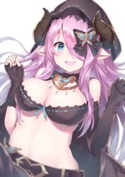 Rule 34 | 1girl, :3, asymmetrical gloves, bare shoulders, belt, black bow, black bra, black gloves, blurry, blush, bow, bra, breasts, butterfly hair ornament, cleavage, depth of field, draph, elbow gloves, fingerless gloves, gloves, granblue fantasy, hair ornament, hair over one eye, highres, hood, horns, large breasts, long hair, looking at viewer, mismatched gloves, narmaya (granblue fantasy), narmaya (the black butterfly) (granblue fantasy), navel, open mouth, pink hair, pointy ears, ribbon trim, robe, simple background, smile, solo, topia, underwear, uneven gloves, wavy mouth, white background